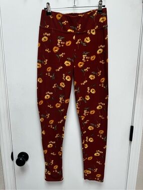 Derek Heart Burgundy Leggings with Yellow Floral Print